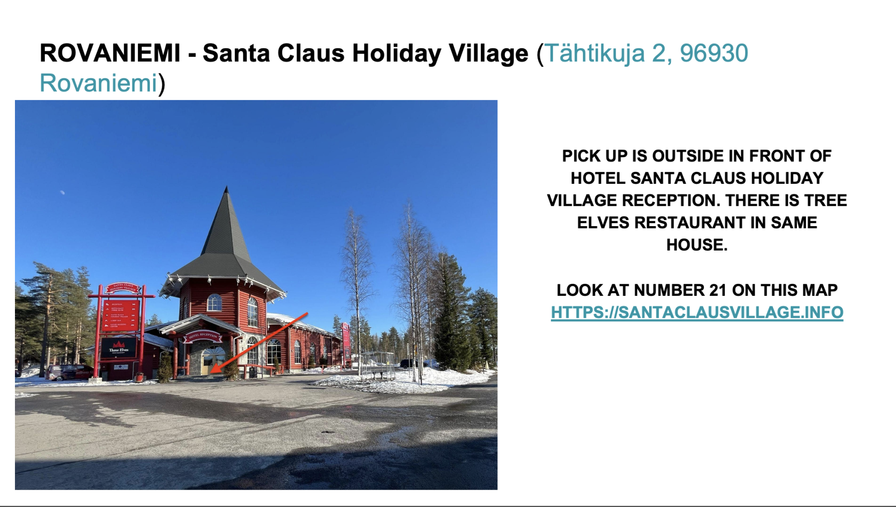 Red wooden building with a tall pointed roof labeled Hotel Reception, located at Santa Claus Holiday Village in Rovaniemi, with a red signboard and an arrow pointing to the entrance.