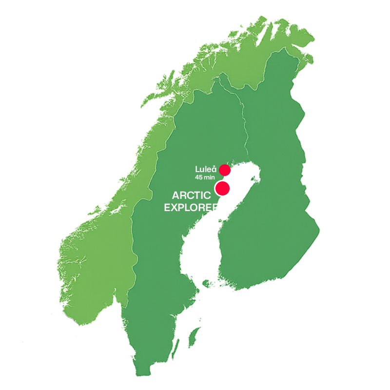Map highlighting northern Scandinavia with marked locations for Luleå and Arctic Explorer in Sweden, connected by a 45-minute travel time.